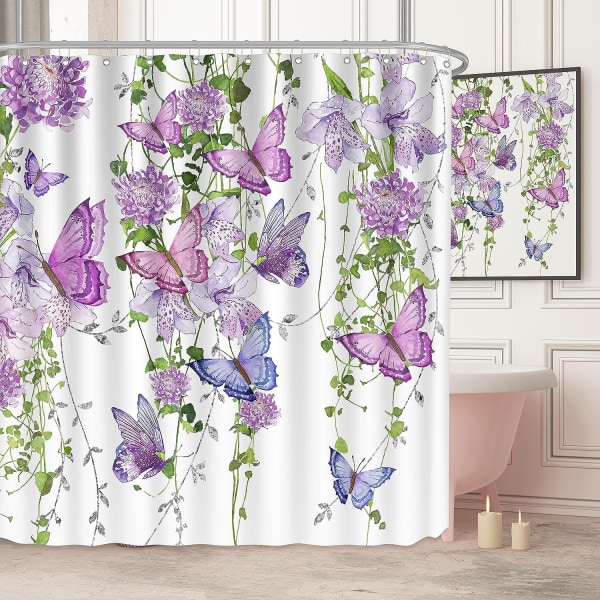 Purple Shower Curtain Butterfly Shower Curtains for Bathroom, Summer Shower Curtain Lavender Lilac Pink 12 Hooks, 72X72 Inches