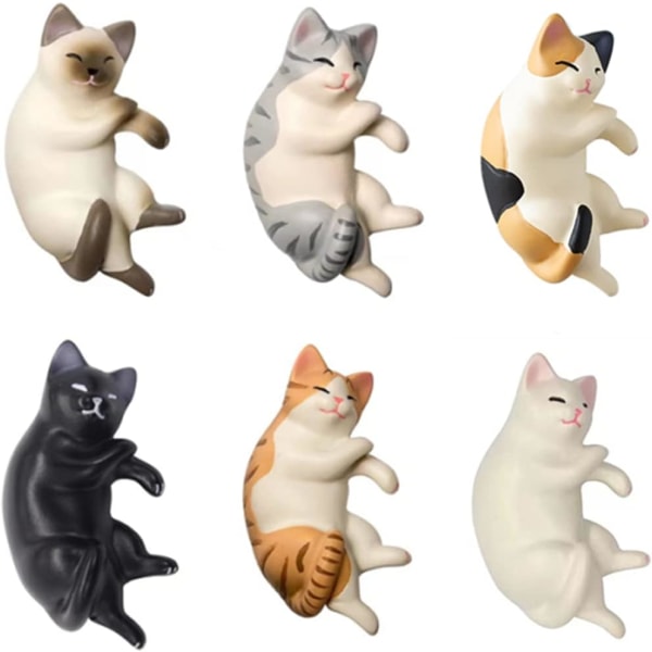 6 søte katter kjøleskapsmagneter, liggende lubben kattunge kjøleskapsmagneter, Mini Kawaii dekorative magneter for hjemmekjøkken kontor klasse