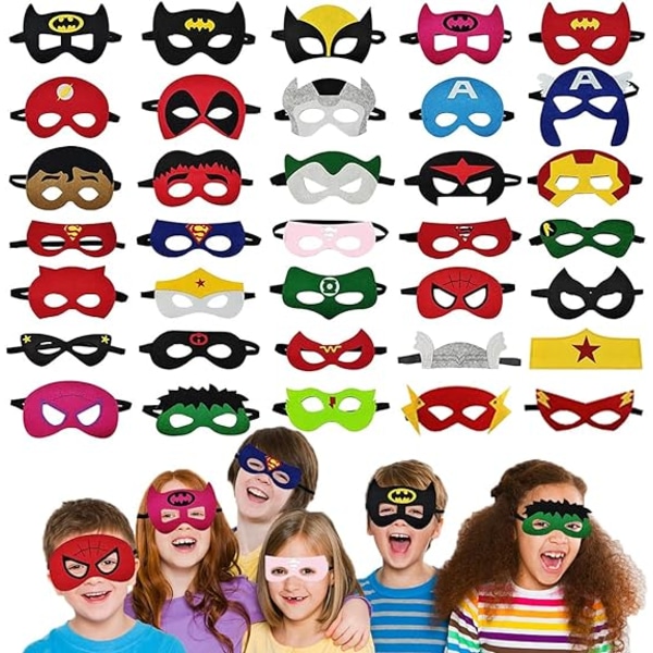 Superheltmasker for barn og voksne, 35 stk cosplay øyemasker festutstyr bursdagspynt, barn maskerade Avengers superheltmasker