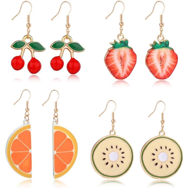 Heyone 4 par kreativa olika söta frukter örhänge Cherry Strawberry Watermelon Dingle Drop Earrings Set för kvinnor Flickor