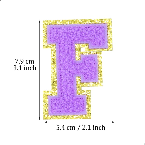 Engelska bokstaven F strykjärnsapplikationer lappbokstäver sömnadsapplikationer klädmärken, med guldglitterkant, självhäftande baksida (lila F)FPurple