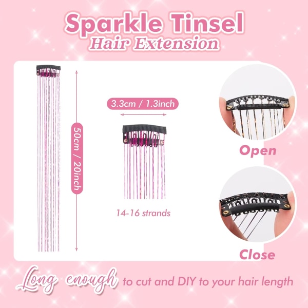 Clip in Hair Tinsel Kit, 6 kpl Glitter Fairy Tinsel -hiuspidennysten pakkaus, 21 tuuman kiiltävä hiushousujen lämmönkestävä (ruusunpunainen)