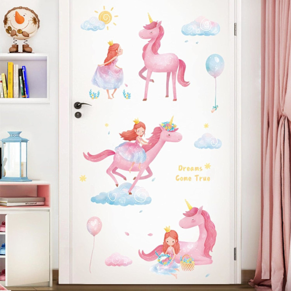 Pink Unicorn Wall Stickers Girls Bedroom Wall Decor Decals Pretty Princess Cartoon Wall Sticker for Kids Room Baby Room Decor - -