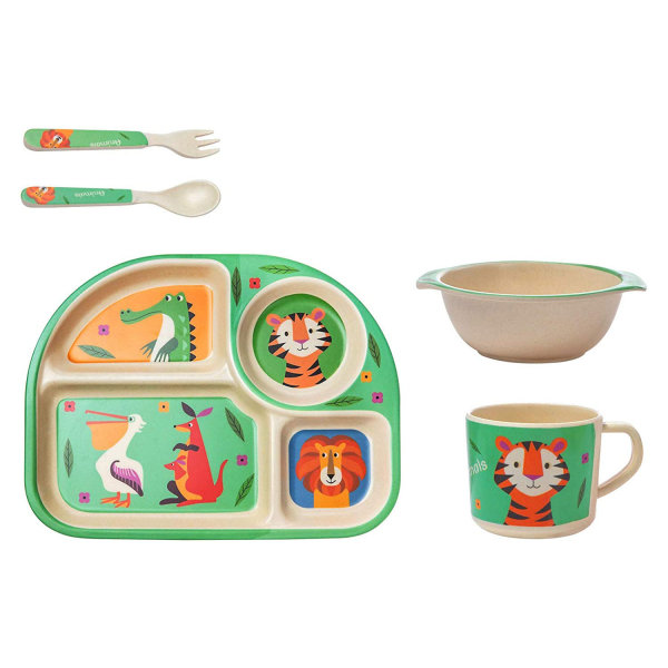 Bamboo children's tableware set, 5-piece children's tableware set tiger, plate, bowl, spoon, fork, cup, age