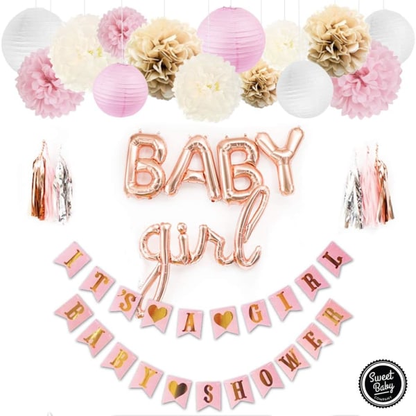 Sweet Baby Co. Pink Baby Shower Dekorationer til Pige med It's A Girl Banner, Baby Girl Bogstav Balloner, Blomster Pom Poms, Papir Lanterner