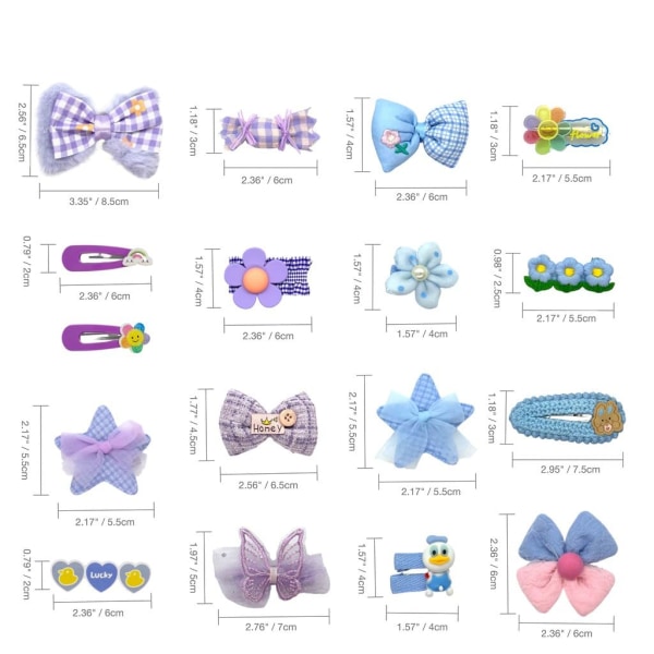 Blå og lilla 17-pak søte hårtilbehør for jenter - Hårklips, spenner og sløyfer for småbarn, Alligator-fôret trykknapp
