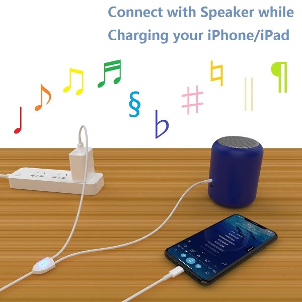 [Uppgraderad] 2 i 1 ljudladdningskabel kompatibel med iPhone/iPad, ladda och spela musik samtidigt, 3,94 Ft