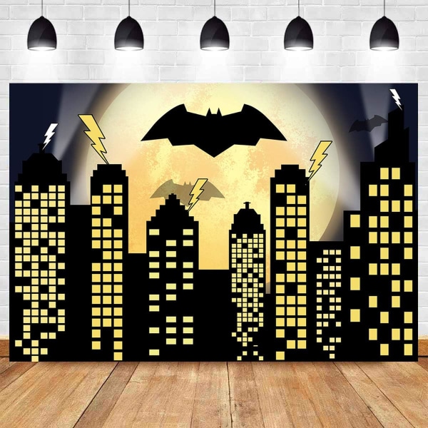 Superhjälte Super City Fotografi Bakgrunder Skyline Byggnader Stad Boom Full Moon Bat Foto Bakgrund 5x3ft Vinyl Barn