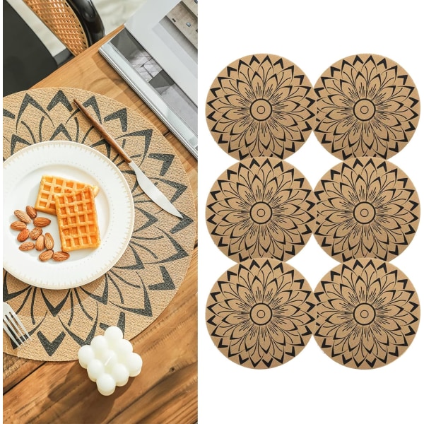 Set med 6 Boho PVC runde plassmatter for spisebord Mandala bordmatter Vaskbare varmebestandige plassmatter Jute Retro borddekor (C)