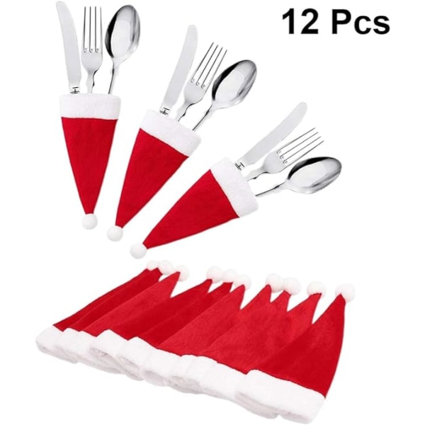 12 Pcs Christmas Santa Hats Silverware Tableware Holders Holiday Santa Claus Cutlery Holder Christmas Fork Spoon Storage Bag Dinner Table Decorations