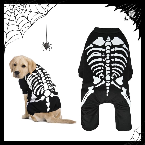 Halloween-kostume til hunde og katte, Halloween-skelet-kostume til hunde, tøj, kæledyr, jumpsuit, skjorte, kostume, hættetrøje med kranie, kæledyrstøj (L)