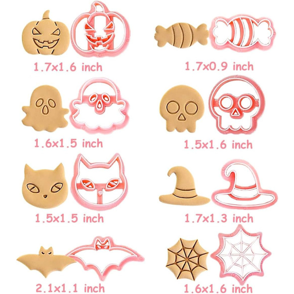 8-delade mini Halloween-kakformar, 3d-upphöjda pepparkaksstempel, kakformset lämpligt för frostdekoration
