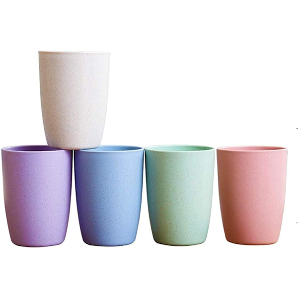 Ekologisk återanvändbar mugg för vuxna (12oz), vetehalm biologiskt nedbrytbar hälsomugg set om 5 - Flerfärgad, diskmaskinssäker - Beige