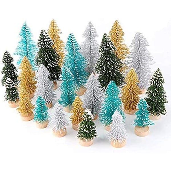 Mini Christmas Tree 24pcs, Artificial Christmas Tree Bottle Brush Trees Christmas, Sisal Snow Trees with Wood Base