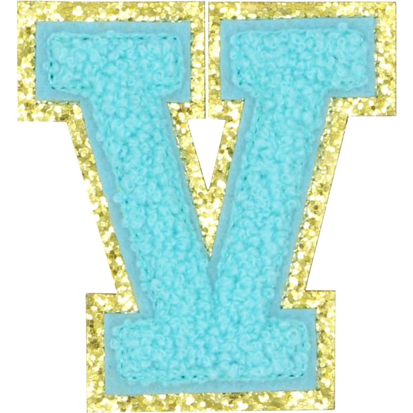 Engelska bokstaven V Stryk på reparationslappar Alfabetsömnad Applikationer Klädmärken, med guldglitterkant, självhäftande bakdekal（Blå V）VBlue