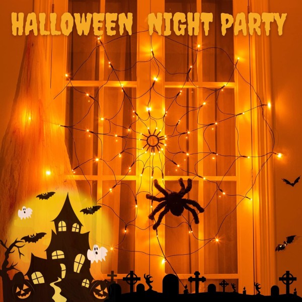 Halloween Edderkoppespind Lys 4FT Diameter 70 LED med Sort Edderkop, Vandtæt Orange Net Lys, Fjernbetjening, 8 Tilstande