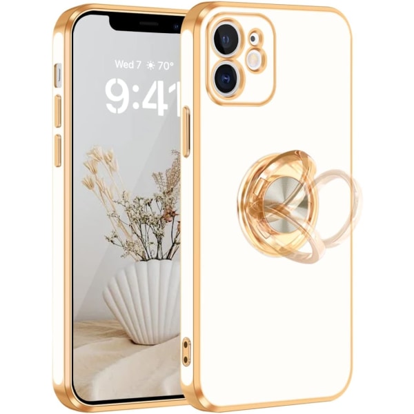 iPhone 12 case med 360° roterbar ringhållare magnetiskt stöd, glänsande guldkant, smal, mjuk, vit