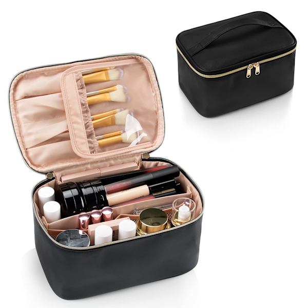 Makeup taske, bærbar kosmetik taske, stor kapacitet rejse makeup taske arrangør, sort til kvinder toilettaske