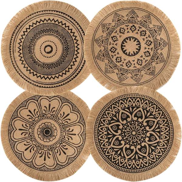 Sæt med 4 Boho vævede runde bordskånere Håndlavede bordmåtter Vævede jute kvastmåtte Retro borddekoration Frynser Bomuld Kaffe(Kvast Mix B)