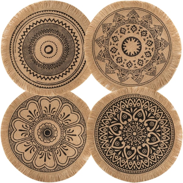 Set med 4 Boho vevde runde plassmatter Håndlagde bordmatter Vevd jute duskmatte RetroTable Decor Frynser Bomull Kaffe(Dusk Mix B)