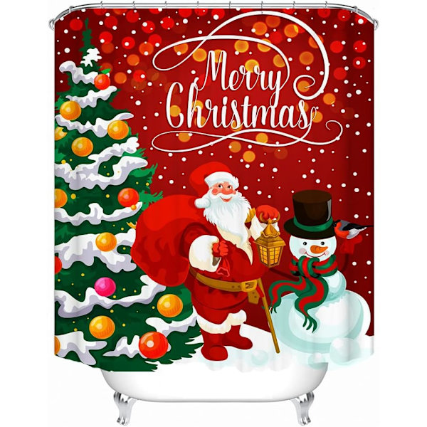 Duschdraperi med konstnärligt grönt julgransmönster Badrum, Röd tomte snögubbe Vattentät gardin för badkar, Polyester Duschdraperi Foder(180x180cm)