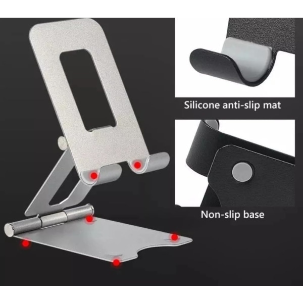 Dobbelt foldbar mobiltelefon skrivebord | Bordholder med justerbart stativ Lazy Bracket til iPhone, Samsung, Android, tablets, iPad (sort)