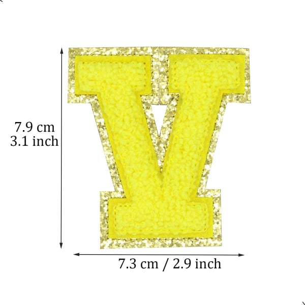 Englannin kirjain V -silitysmerkit, aakkoset ompelukirjailut vaatteiden merkit, kultaisella glitter-reunuksella, liima-taustatarra (keltainen V) VKeltainen