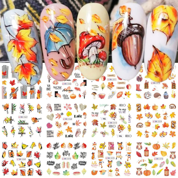 Ahornblad Nail Art Stickers Decals Efterår Thanksgiving Negle Dekoration Vand Overførsel Efterår Blade Græskar Ræv Ugle 12 Ark