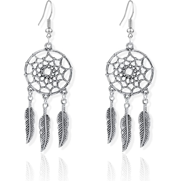 Kvinna Retro Silver BOHO Style Metal Dangle Drop Örhängen Dream Catcher Statement Feather Dangle Tofsar Turkos örhängen för kvinnor Flickor