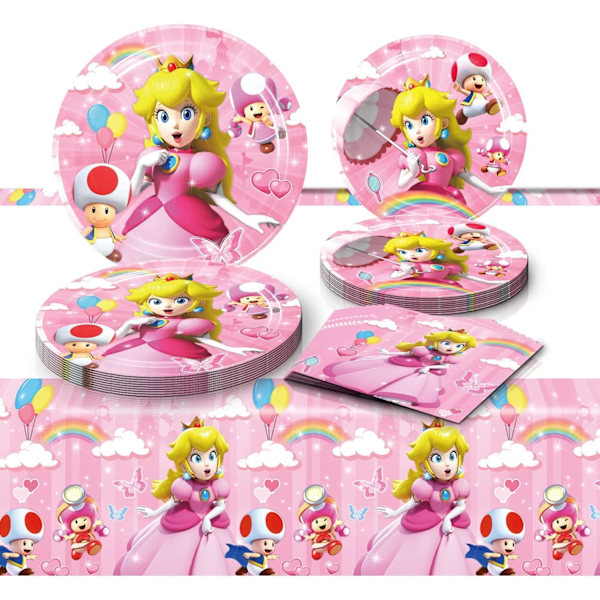 Prinsessa Peach syntymäpäiväjuhlatarvikkeet - Prinsessa Peach lautaset ja lautasliinat syntymäpäiväjuhlatarvikkeet 20 vieraalle