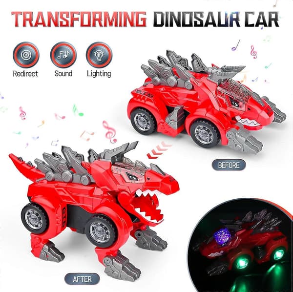 Dinosaurleker for gutter, dinosaurie-transformerende billeker, elektrisk dinosaurie-transformerende bil med lys og glad musikk, automatisk bi