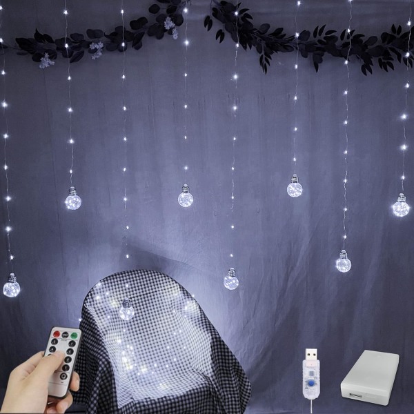 Gardinljus 200 LED-fönstergardinlampor med fjärrkontroll, USB batteridriven Twinkle Globe Fairy Lights för bröllop (vit)