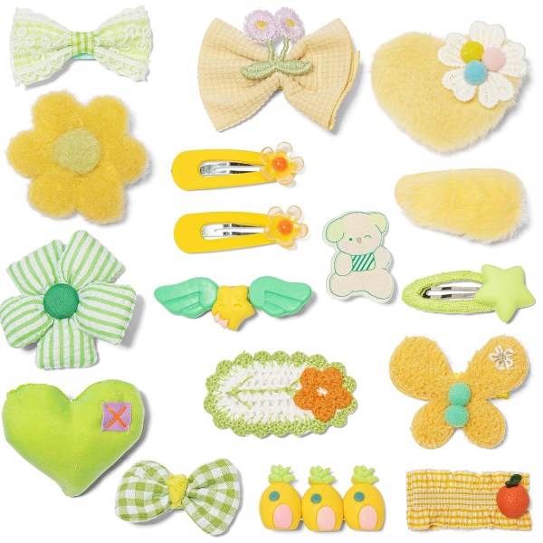 Vihreä ja keltainen 18 pakkaus söpöjä hiusasusteita tytöille - toddler hiusklipsit, piikit ja rusetit, alligaattorivuorattu