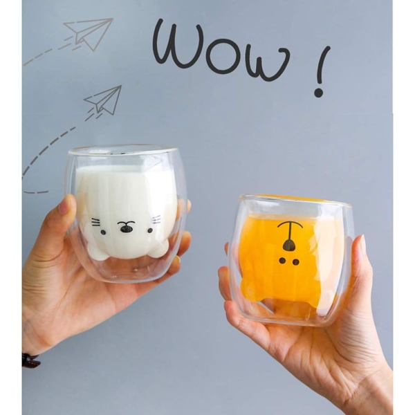 Söta Muggar Dubbelväggigt Glas Kaffeglas Koppen Kawaii Björnte & Mjölkkopp Rolig Mugg Djurmugg Estetisk Kopp för Kontoret (Glad Björnen)