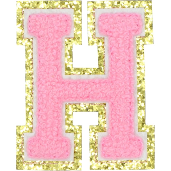 Engelska bokstaven H Stryk på reparationslappar Alfabetsömnad Applikationer Klädmärken, med guldglitterkant, självhäftande bakre klistermärke (Rosa H）HPink