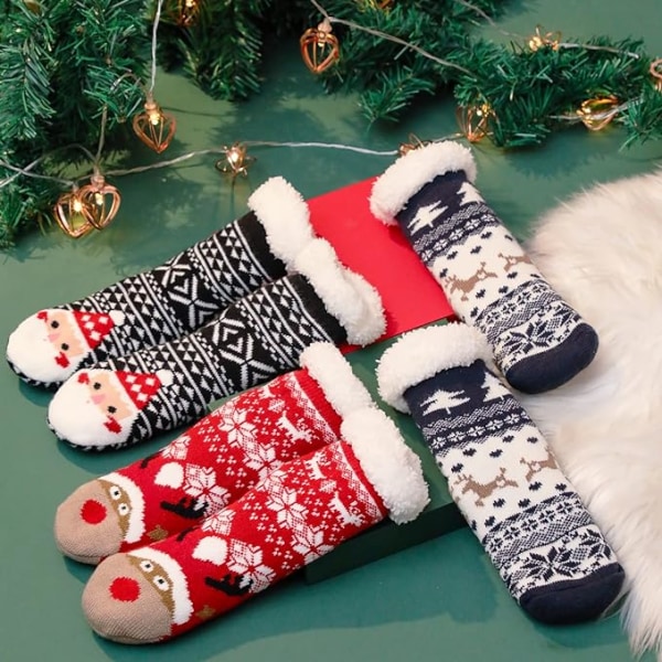 3 par med tøffelsokker for gutter, fuzzy barneslippersokker med sklisikre grep, tykke, fluffy, søte julesokker for barn