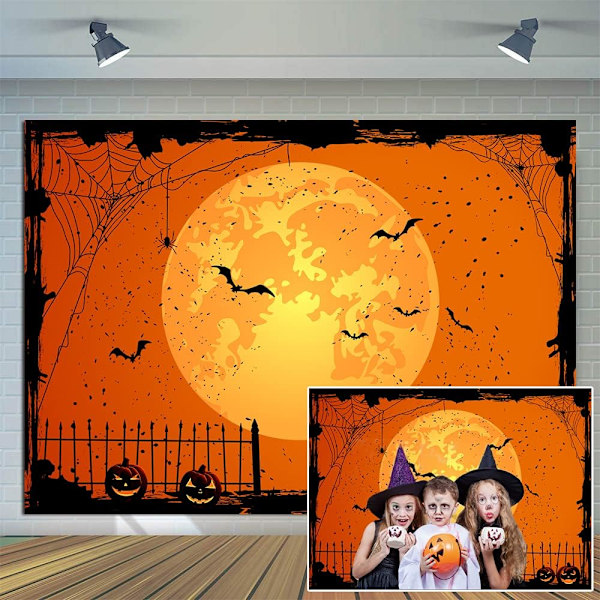 7x5ft Happy Halloween Orange Bakgrunn Halloween Eve BakgrunnHalloween Fest Lanterne Måne Flaggermus Edderkoppnett Gravplass Gjerde Fotografering