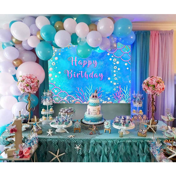 Sommerhav Blå Gull Glitter Fotografi Bakgrunn Rosa Lille Havfrue Skala Jenter Prinsesse Bursdagsfest Foto Bakgrunn  7x5ft