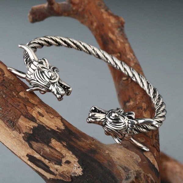 Heyone Antik Norse Viking Dubbelt Drakhuvud Vridet Armband Armband Arm Ring Justerbara herrsmycken