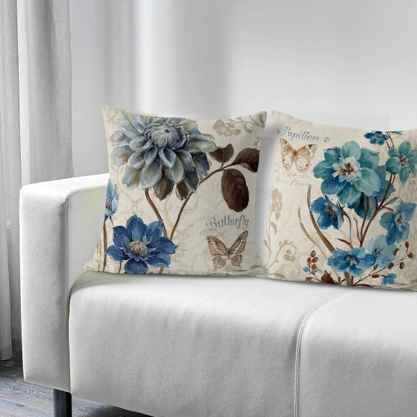 Set med 4 Farmhouse Blå Blomster Pudebetræk 18x18 Tommer Orkide Sommerfugl Bomuld Linned Blomster Pudebetræk til Sofa Udendørs Sofa