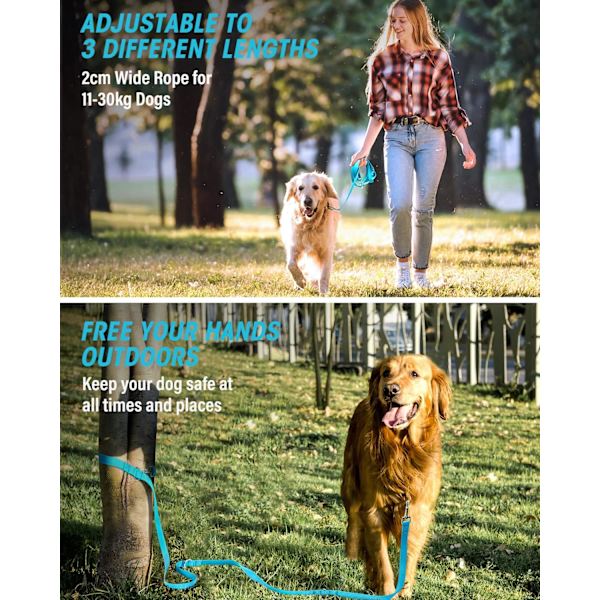 Håndfri hundeline, multifunktionel hundetræningsline, 8ft nylon dobbeltline til hvalpe små mellemstore servicehunde blå