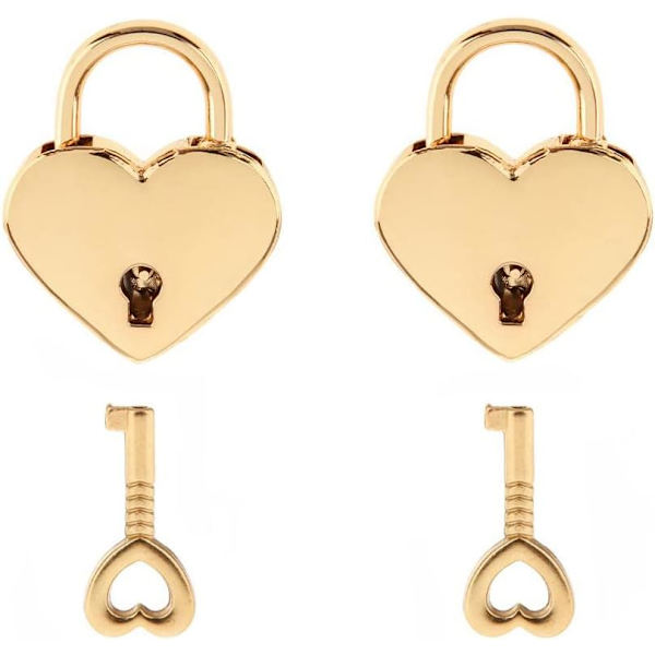 Litet metallhjärtformat hänglås minilås med nyckel för smyckeskrin förvaringslåda dagbok, 2-pack, guld