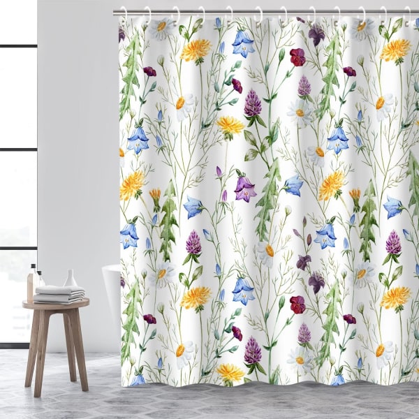 Blomster bruseforhæng, Blomster bruseforhæng, Farverigt blomster bruseforhæng til badeværelse, Grønt blad og vildblomst bruseforhæng, 72\" x 72\" tommer