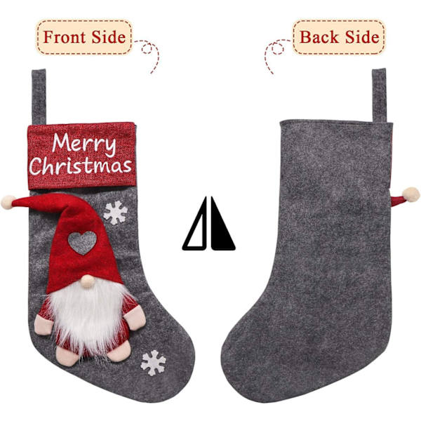 Heyone Julstrumpor, 18 tum med handgjorda plysch Tomte-gnomer, för semesterhemmets juldekorationer, 3-pack, röd grön grå
