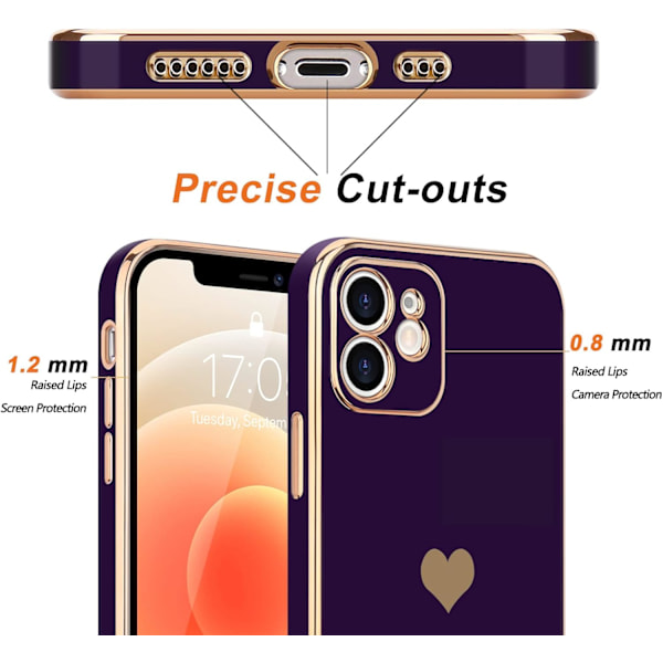 Kompatibel med iPhone 12 Skal för Kvinnor Flickor Söt Kärleks-Hjärta Lyx Bling Mjukt Baksida Skydd Upphöjd Full Kamera iPhone 12, Mörk Lila