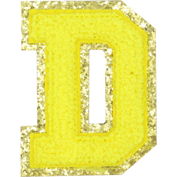 Engelska bokstaven D Stryk på reparationslappar Alfabetsömnad Applikationer Klädmärken, med guldglitterkant, självhäftande bakdekal (Gul D) DYellow