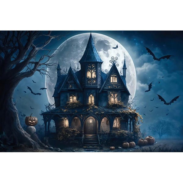 Halloween-teeman tausta Kauhu Hautakivi Lepakko Valokuvaustausta Pelottava Kuolleet Oksat Yöllä Sumuisessa Linna vauvalle ja aikuisille 7x5ft