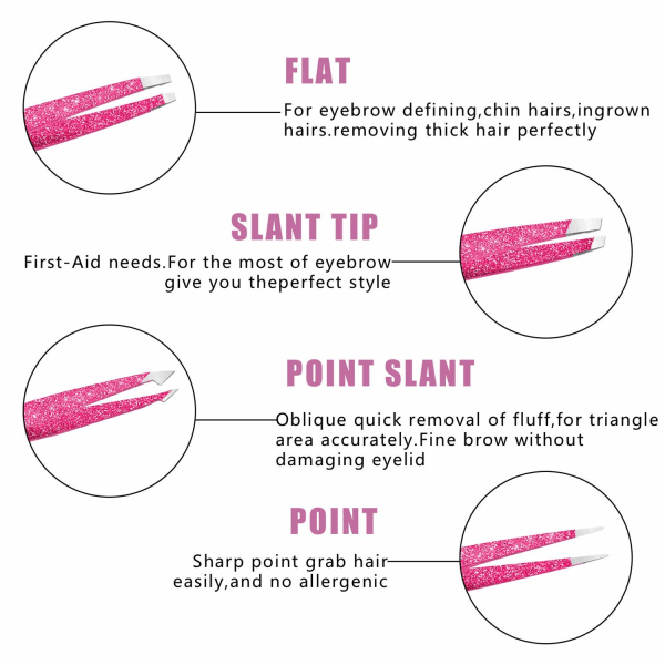 Pinsetsæt 4-delt, Professionelle rustfrit stål skrå spids og spidse håndværkspincetter med læderetui - Roserød