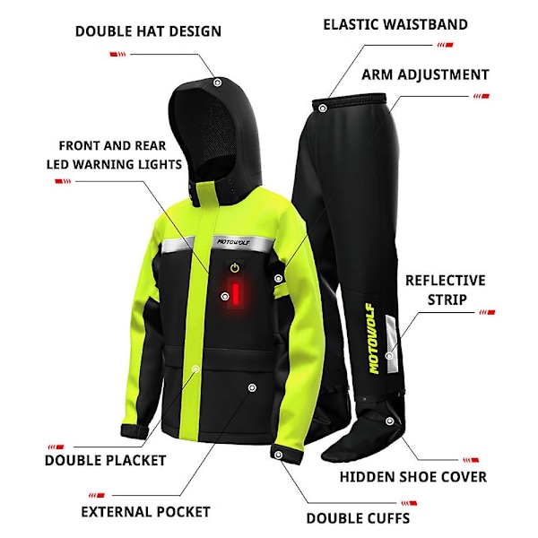 Motorcykel Regnjacka Byxor LED Varning Regnrock Delad Dräkt Reflekterande Vattentät Keps Ogenomtränglig För Ridning Cykling Motocross Black Yellow LED M