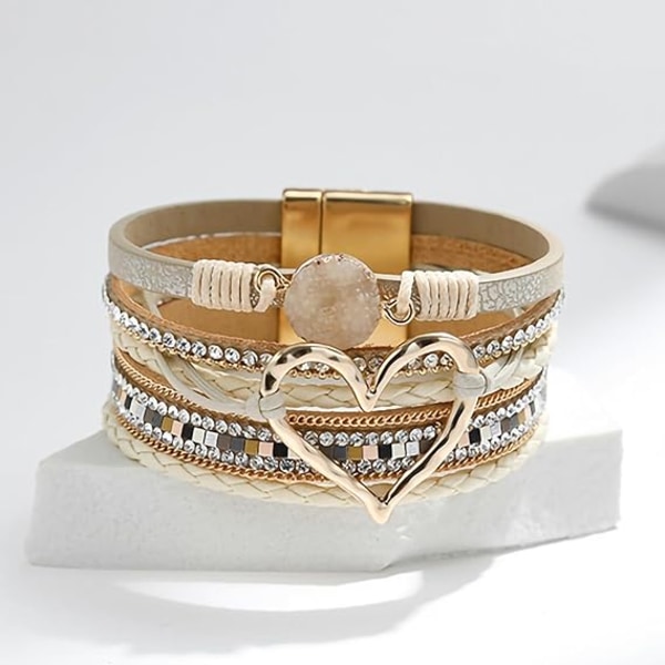 Leopardarmband för kvinnor, Boho Läderomslag Flerlagers pärlor Kristallarmband Armband Smycken